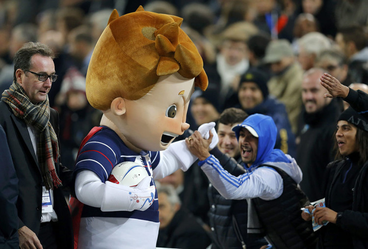 The official Mascot for the upcoming Euro 2016 soccer championship is cheered by fans during the international friendly soccer match between France and Sweden at the Velodrome stadium in Marseille